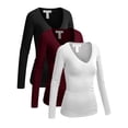 thumbnail image 1 of Emmalise Women's Junior Size Vneck Tshirt Long Sleeve Shirt, 3Pk Black Burgundy White, Medium, 1 of 5