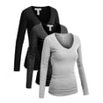 thumbnail image 1 of Essential Basic Women's Junior Size Vneck Tshirt Long Sleeve Shirt, 3Pk Black HCharcoal Hgray, Medium, 1 of 5
