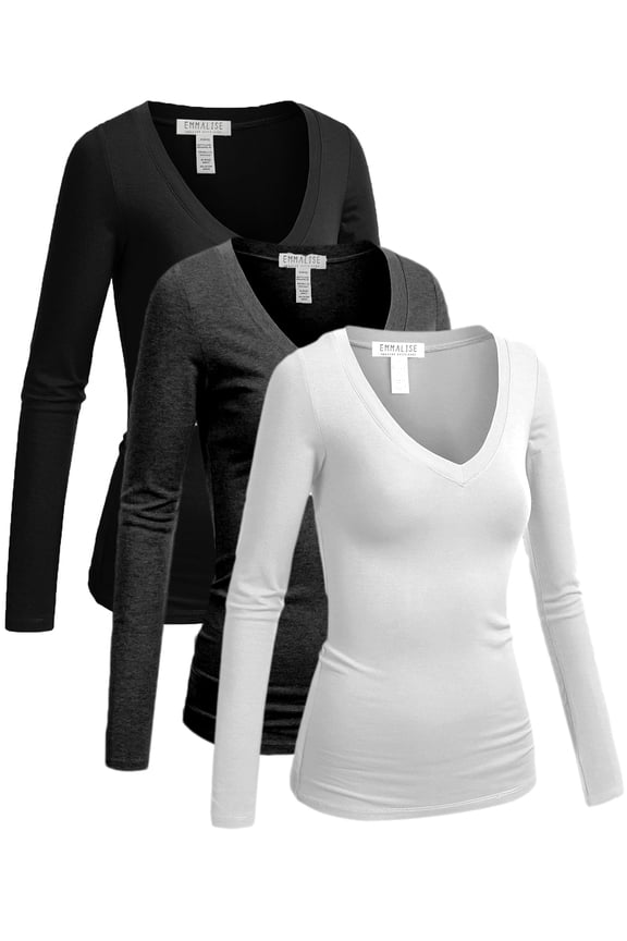 Essential Basic Women's Junior Size Vneck Tshirt Long Sleeve Shirt, 3Pk Black HCharcoal White, Large