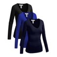 thumbnail image 1 of Essential Basic Women's Junior Size Vneck Tshirt Long Sleeve Shirt, 3Pk Black Royal Navy, Small, 1 of 5