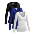 thumbnail image 1 of Essential Basic Women's Junior Size Vneck Tshirt Long Sleeve Shirt, 3Pk Black Royal White, Large, 1 of 5