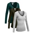 thumbnail image 1 of Essential Basic Women's Junior Size Vneck Tshirt Long Sleeve Shirt, 3Pk Green Teal Olive Hgray, Medium, 1 of 5