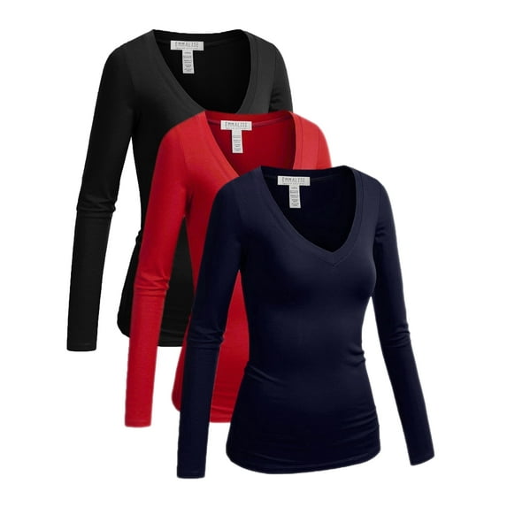 Essential Basic Women's Junior and Plus Size Vneck Tshirt Long Sleeves Shirt Tee, 1xl, 3Pk Black, Red, Navy
