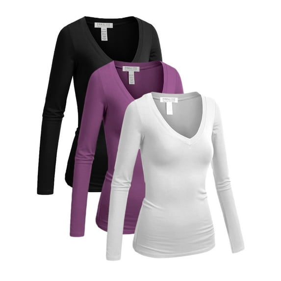 Essential Basic Women's Junior and Plus Size Vneck Tshirt Long Sleeves Shirt Tee, 1xl, 3Pk Black, Violet, White