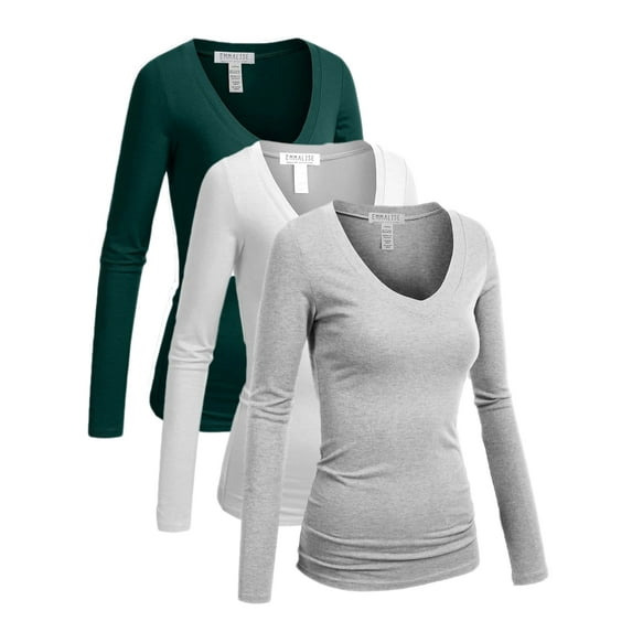 Essential Basic Women's Junior and Plus Size Vneck Tshirt Long Sleeves Shirt Tee, 1xl, 3Pk Green Teal, White, Hgray