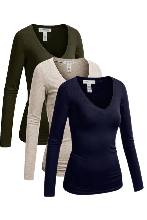 Women's Junior and Plus Size Vneck Tshirt Long Sleeves Shirt Tee, 1xl, 3Pk Olive, Oatmeal, Navy