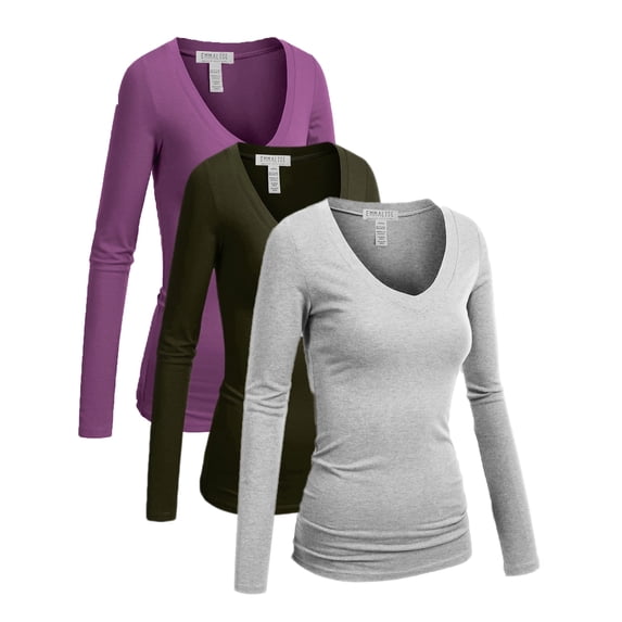 Essential Basic Women's Junior and Plus Size Vneck Tshirt Long Sleeves Shirt Tee, 2xl, 3Pk Violet, Olive, Hgray