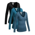 thumbnail image 1 of Essential Basic Women's Junior and Plus Size Vneck Tshirt Long Sleeves Shirt Tee, 3xl, 3Pk Black, Teal, Dusty Blue, 1 of 1