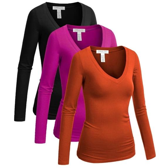 Essential Basic Women's Junior and Plus Size Vneck Tshirt Long Sleeves Shirt Tee, 3xl, 3pk newcoral,hotpink,black