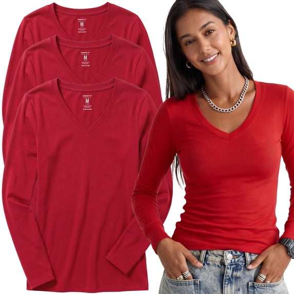 Essential Basic Women's Junior and Plus Size Vneck Tshirt Long Sleeves Shirt Tee, 3xl, 3pk red,red,red