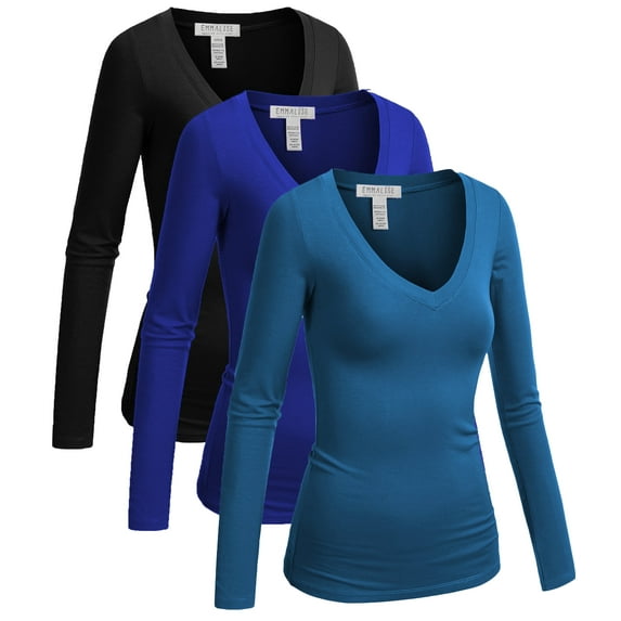 Essential Basic Women's Junior and Plus Size Vneck Tshirt Long Sleeves Shirt Tee, 3xl, 3pk turquoise,royal,black