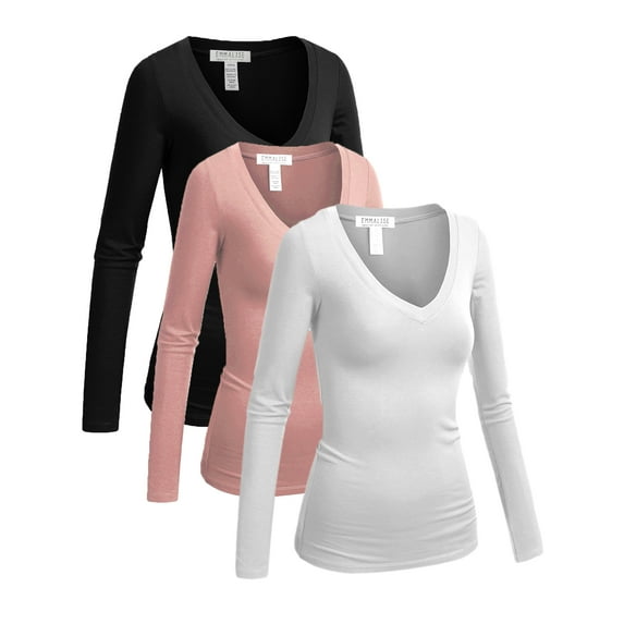 Essential Basic Women's Junior and Plus Size Vneck Tshirt Long Sleeves Shirt Tee, Medium, 3Pk Black, Rosy Pink, White