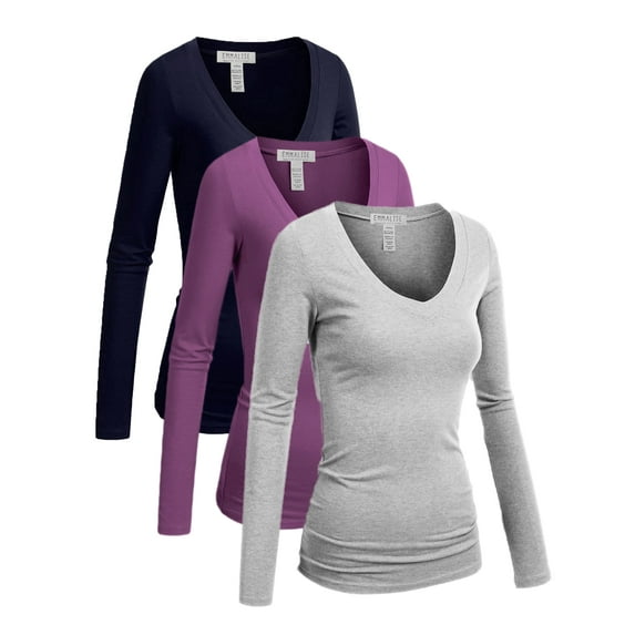 Essential Basic Women's Junior and Plus Size Vneck Tshirt Long Sleeves Shirt Tee, Medium, 3Pk Navy, Violet, Hgray