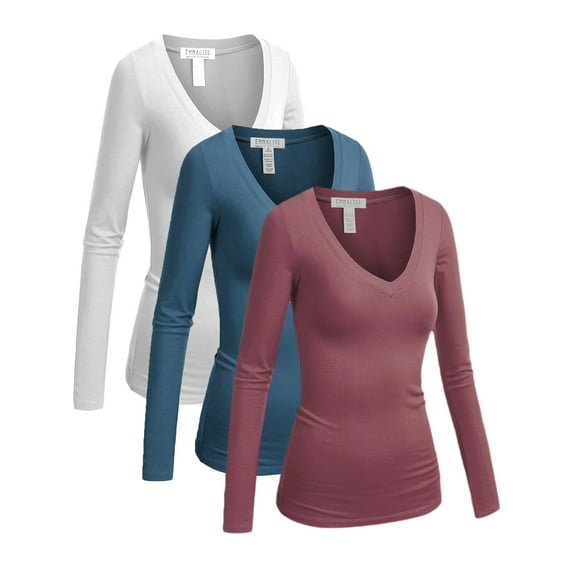 Essential Basic Women's Junior and Plus Size Vneck Tshirt Long Sleeves Shirt Tee, Medium, 3Pk White, Dusty Blue, Old Rose
