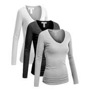 ESSENTIAL BASIC Women's Junior and Plus Size Vneck Tshirt Long Sleeves Shirt Tee, 2xl, 3pk hot pink,navy,burgundy