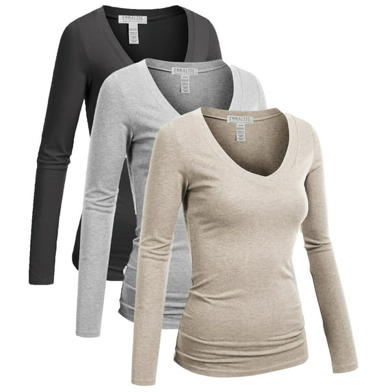 Essential Basic Women's Junior and Plus Size Vneck Tshirt Long Sleeves Shirt Tee, Medium, 3pk hgray,oat,charcoal