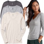 Essential Basic Womens Junior and Plus Size Vneck Tshirt Long Sleeves Shirt Tee, Medium, 3pk hgray,oat,charcoal