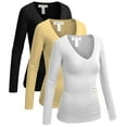 thumbnail image 1 of Essential Basic Women's Junior and Plus Size Vneck Tshirt Long Sleeves Shirt Tee, Medium, 3pk white,black,taupe, 1 of 5