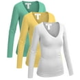 thumbnail image 1 of Essential Basic Women's Junior and Plus Size Vneck Tshirt Long Sleeves Shirt Tee, Medium, 3pk white,lightyellow,softmint, 1 of 4