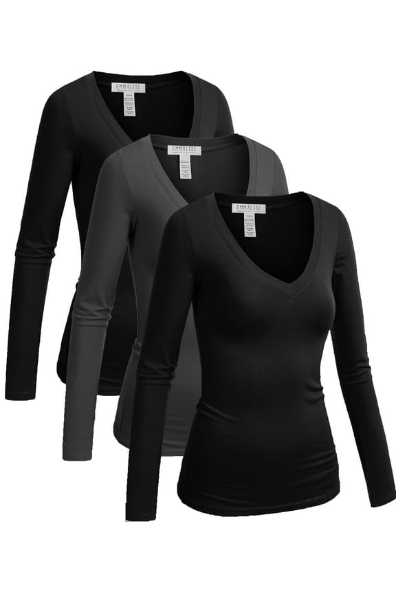 Women's Junior and Plus Size Vneck Tshirt Long Sleeves Shirt Tee, Small, 3pk 2black,1charcoal