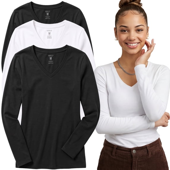 Essential Basic Women's Junior and Plus Size Vneck Tshirt Long Sleeves Shirt Tee, Small, 3pk 2black,1white