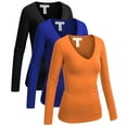 thumbnail image 1 of Essential Basic Women's Junior and Plus Size Vneck Tshirt Long Sleeves Shirt Tee, Small, 3pk marigold,royal,black, 1 of 4