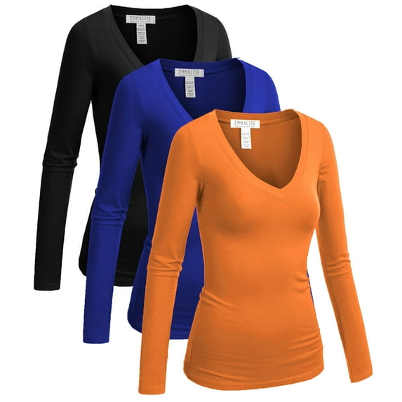 Essential Basic Women's Junior and Plus Size Vneck Tshirt Long Sleeves Shirt Tee, Small, 3pk marigold,royal,black