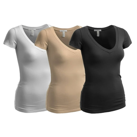 Essential Basic Women's Plain Short Sleeve T-Shirt V-Neck Top Junior & Plus Sizes