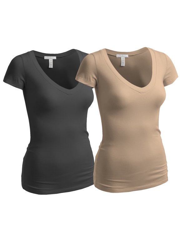 Women's Plain Short Sleeve T-Shirt V-Neck Top Junior & Plus Sizes