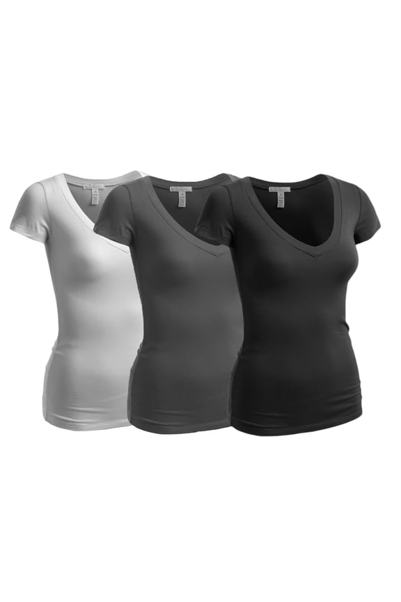 Women's Plain Short Sleeve V Neck T Shirt(3P-Blk/Chrcl/Wht-1X)