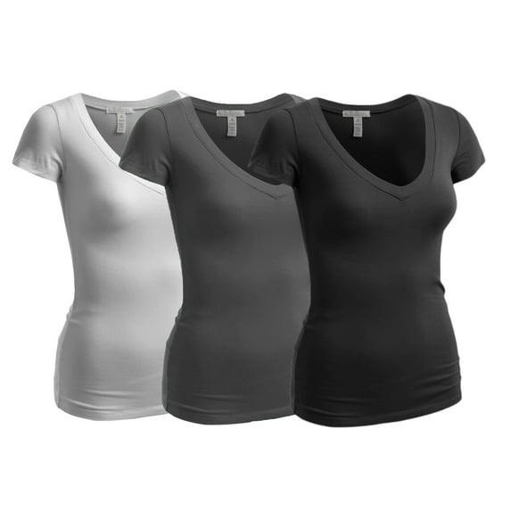 Essential Basic Women's Plain Short Sleeve V Neck T Shirt(3P-Blk/Chrcl/Wht-L)
