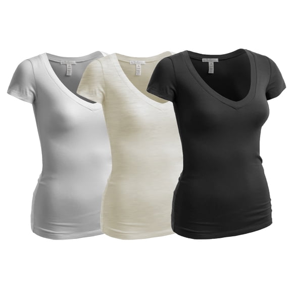 Essential Basic Women's Plain Short Sleeve V Neck T Shirt(3P-Blk/Oat/Wht-3X)