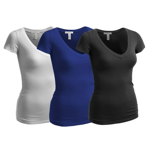 Essential Basic Women's Plain Short Sleeve V Neck T Shirt(3P-Blk/Ryl/Wht-2X)
