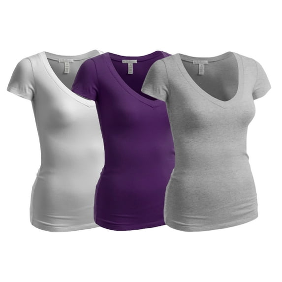 Essential Basic Women's Plain Short Sleeve V Neck T Shirt(3P-Hgry/Prpl/Wht-S)