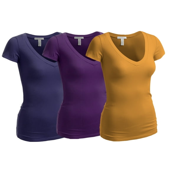 Essential Basic Women's Plain Short Sleeve V Neck T Shirt(3P-Mstd/Prpl/Nvy-S)