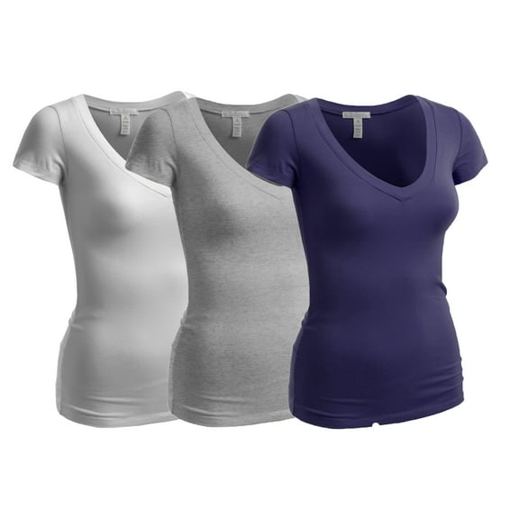 Essential Basic Women's Plain Short Sleeve V Neck T Shirt(3P-Nvy/Hgry/Wht-2X)