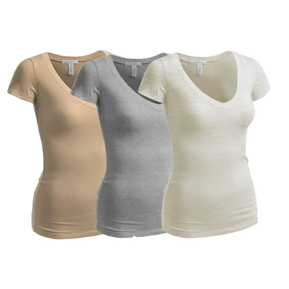 Essential Basic Women's Plain Short Sleeve V Neck T Shirt(3P-Oat/Hgry/Taupe-2X)