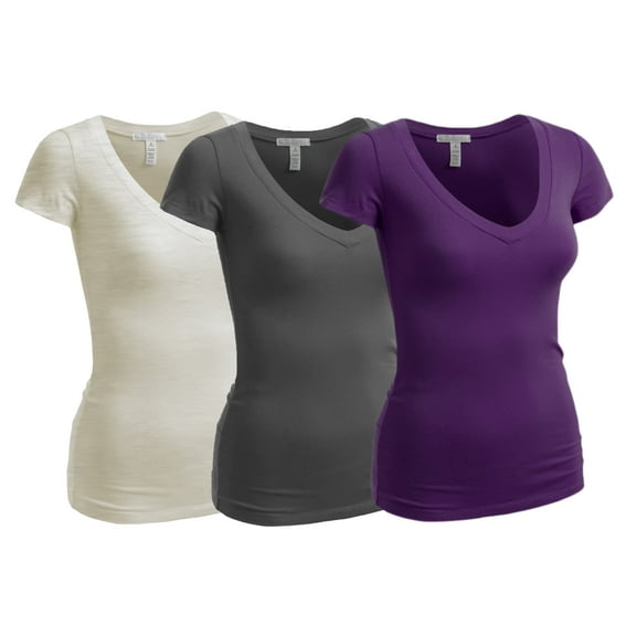 Essential Basic Women's Plain Short Sleeve V Neck T Shirt(3P-Prpl/Chrcl/Oat-1X)