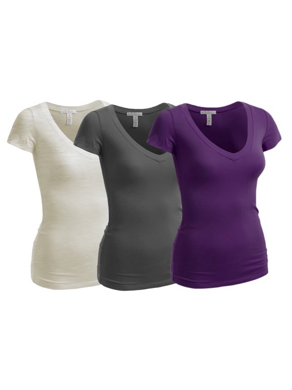 Women's Plain Short Sleeve V Neck T Shirt(3P-Prpl/Chrcl/Oat-1X)