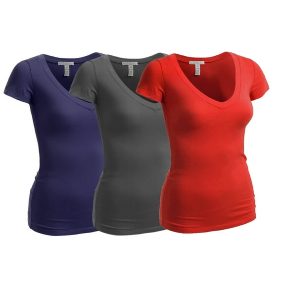 Essential Basic Women's Plain Short Sleeve V Neck T Shirt(3P-Red/Chrcl/Nvy-2X)