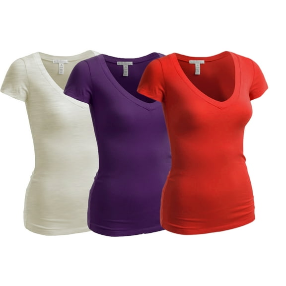 Essential Basic Women's Plain Short Sleeve V Neck T Shirt(3P-Red/Prpl/Oat-S)