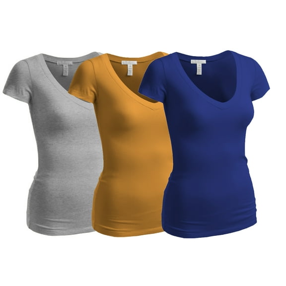 Essential Basic Women's Plain Short Sleeve V Neck T Shirt(3P-Ryl/Mstd/Hgry-M)