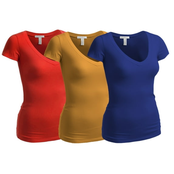 Essential Basic Women's Plain Short Sleeve V Neck T Shirt(3P-Ryl/Mstd/Red-S)