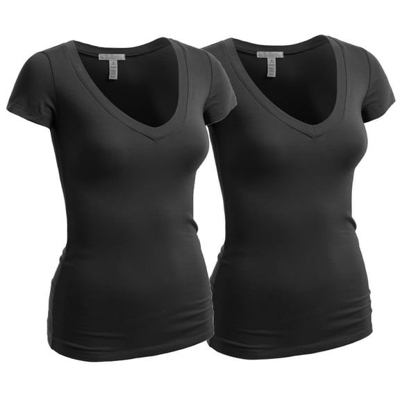 Essential Basic Women's Plain Short Sleeve V Neck T Shirts - 2Pk - Blk, Blk, 1XL