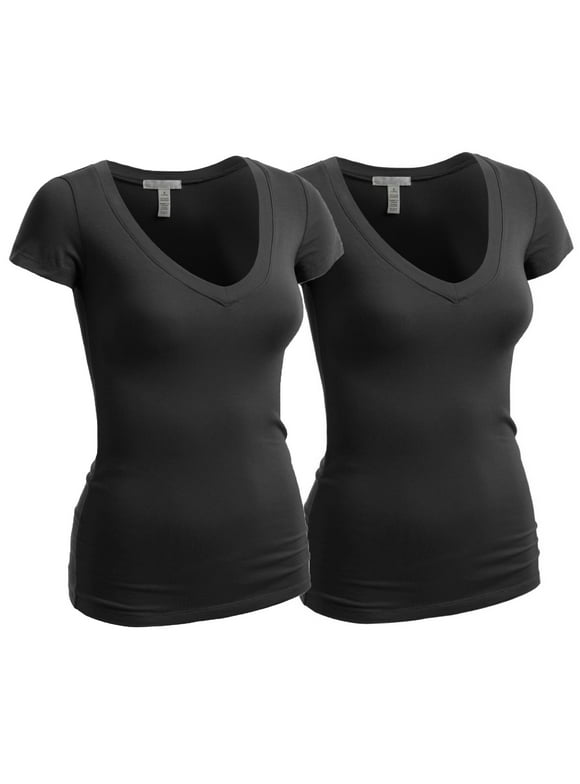 Essential Basic Women's Plain Short Sleeve V Neck T Shirts - 2Pk - Blk, Blk, M