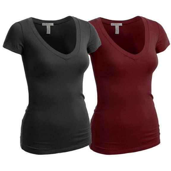 Essential Basic Women's Plain Short Sleeve V Neck T Shirts - 2Pk - Blk, Burgundy, 3XL