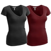 Essential Basic Womens Plain Short Sleeve V Neck T Shirts - 2Pk - Blk, Burgundy, 3XL
