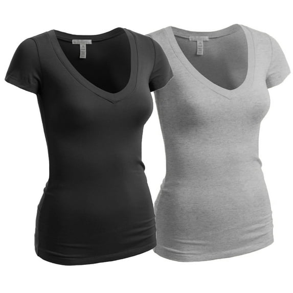 Essential Basic Women's Plain Short Sleeve V Neck T Shirts - 2Pk - Blk, H Gray, 3XL