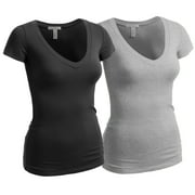 Essential Basic Womens Plain Short Sleeve V Neck T Shirts - 2Pk - Blk, H Gray, M