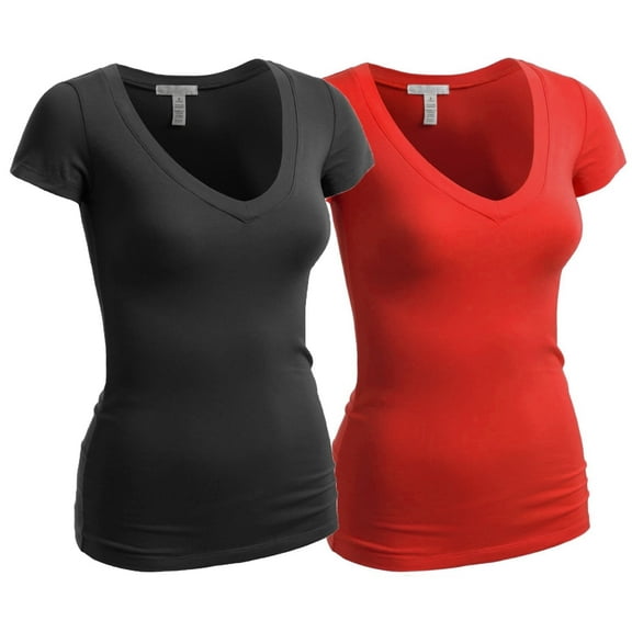 Essential Basic Women's Plain Short Sleeve V Neck T Shirts - 2Pk - Blk, Red, 3XL